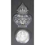 A '999 fine silver 50 gm' vase shaped plaque and a 'Sai Maritime Associates,