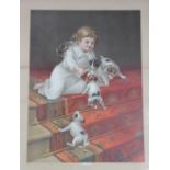 My Pets - a Victorian colour print, of an infant with puppies and a cat,