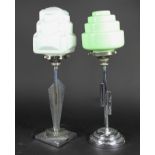 Two Art Deco chrome lamps, one with stepped circular green glass shade,