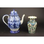 A large pearl ware coffee pot and cover, with blue floral and foliate decoration, 29.