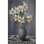 Edwin Green,
oil on mill board,
still life of lilies in a vase,