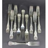 Nine Irish Kings pattern silver table forks, maker possibly James Slater,