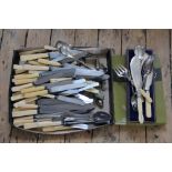 A selection of silver plated flat ware and ivorine handled knives,