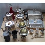 A selection of silver plated wares, to include; entree dishes, a condiment set, sugar nips,