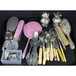 A silver backed hair brush, comb and further brush, along with dressing table brushes,