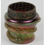 A Loetz style iridescent glass snake vase, with floral gilt metal cover, 12.