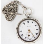 A George V silver key wind pocket watch, enamel Roman numeral dial with subsidiary seconds,