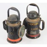 A pair of Shrewsbury British Rail Signalman lamps, with original filters, one painted 'SHREWSBURY B.