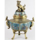 A Chinese brass and champleve enamel koro and cover,