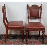 A set of six Victorian carved walnut dining chairs, with red rexine upholstery on turned legs with