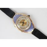 A Lady's 9ct and blue enamel wrist watch, of Art Deco style, with Arabic numerals, jewel button,