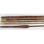 A large brass mounted four section whole cane bamboo fishing rod,