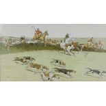 After Cecil Aldin,
colour print,
The Cottesbrook Hunt - Forrard Away, oak frame,
39cm x 68.