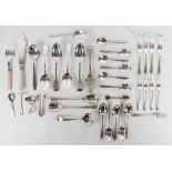 A selection of silver plated cutlery, to include; fruit salad set, fiddle pattern table spoons,