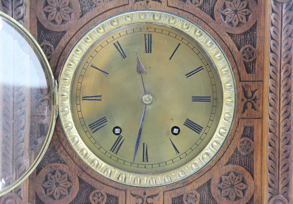 An Aesthetic carved oak eight day bracket clock, late 19th century, faceted glass bezel, - Image 3 of 3