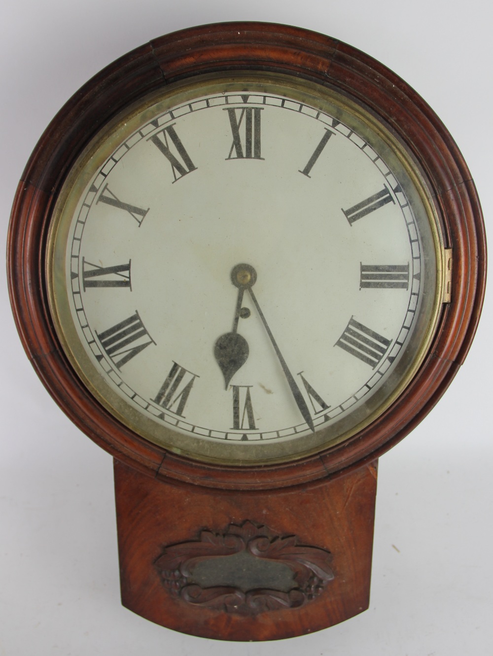 A Victorian mahogany drop dial wall clock, with Roman numeral dial and single fusee movement,