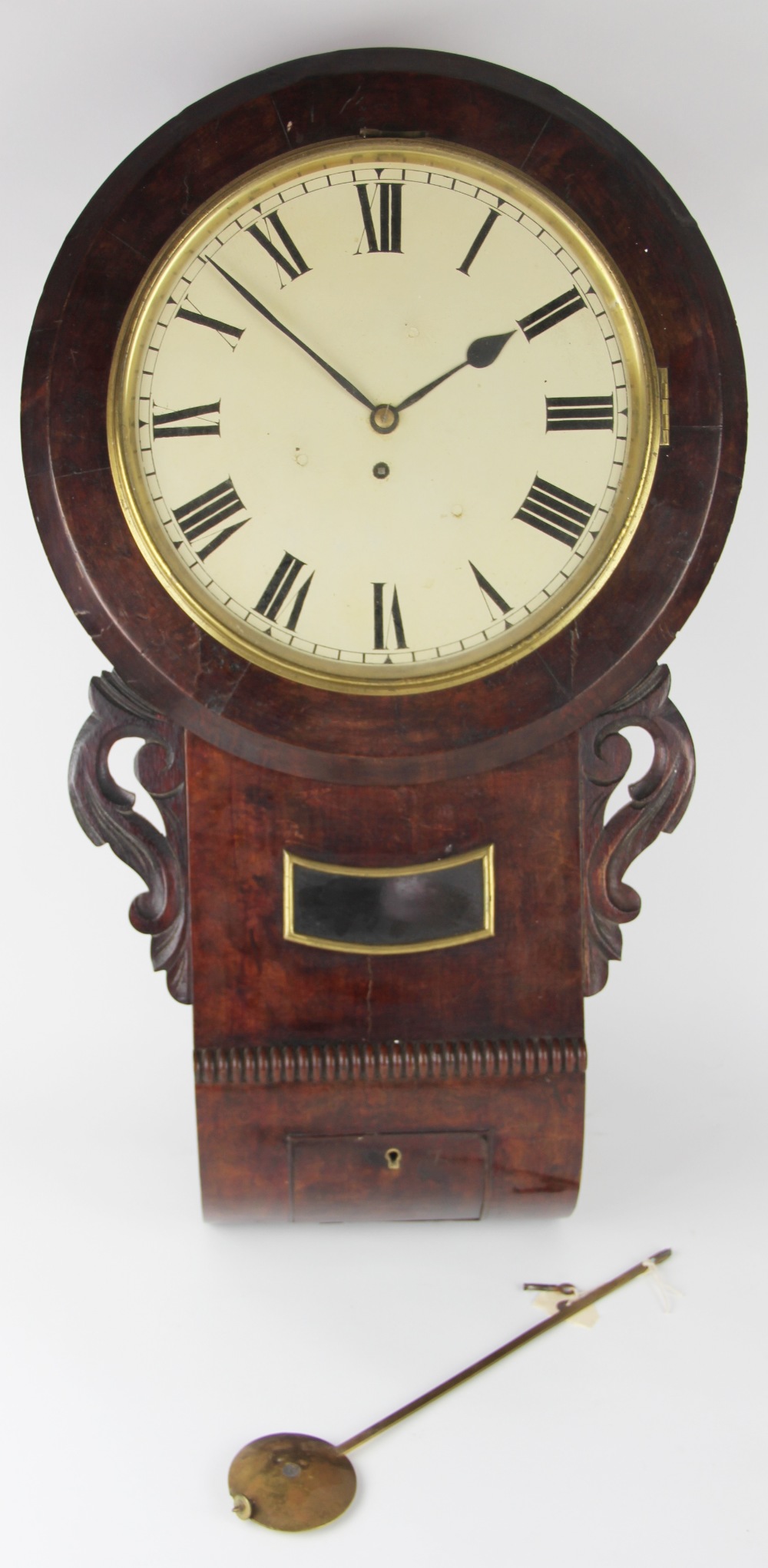 An early Victorian carved mahogany drop dial wall clock,