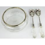 A cut glass and EPNS salad bowl and servers, Daniel & Arter circa 1920,