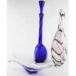 A Venetian oversized blue and opaque glass decanter and stopper, of triangular form,