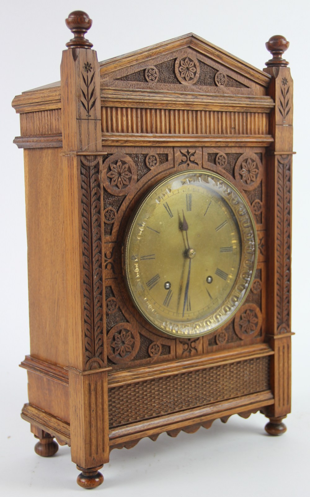 An Aesthetic carved oak eight day bracket clock, late 19th century, faceted glass bezel, - Image 2 of 3