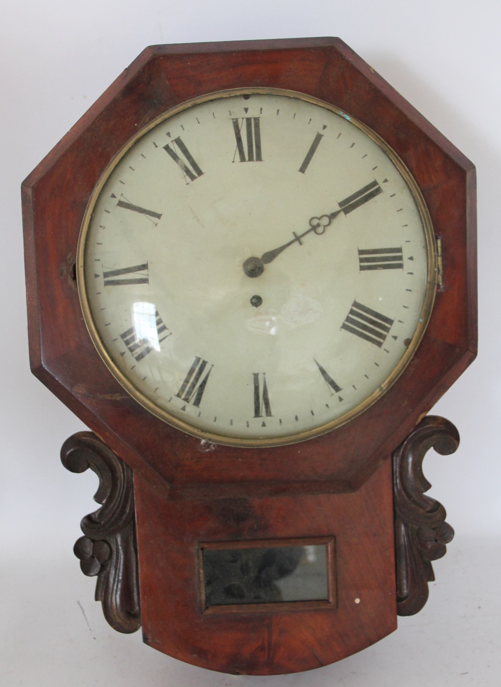 An early Victorian mahogany drop dial wall clock, Roman numeral dial with single fusee movement,