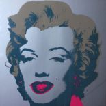 After Andy Warhol,
colour print in blue, silver, yellow and pink,
Marilyn,
published by Sunday B.