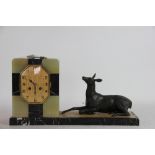 An Art Deco onyx mantel clock, modelled with a spelter deer,