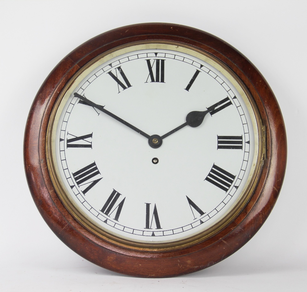 A mahogany wall timepiece, with enamel Roman numeral dial and brass bezel,