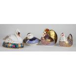 Four Royal Crown Derby paperweights, to include; Cockerel 9cm high, Hen 7.5cm, Swan 10cm and Duck 6.