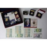 A collection of coins and bank notes,