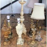 Ten assorted lamp bases, to include; alabaster examples.