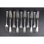 Ten silver fiddle pattern table forks, 'P.W.