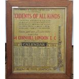 A North British & Mercantile Insurance Co 'Accidents of All Kinds' 1914 calendar, in oak frame,