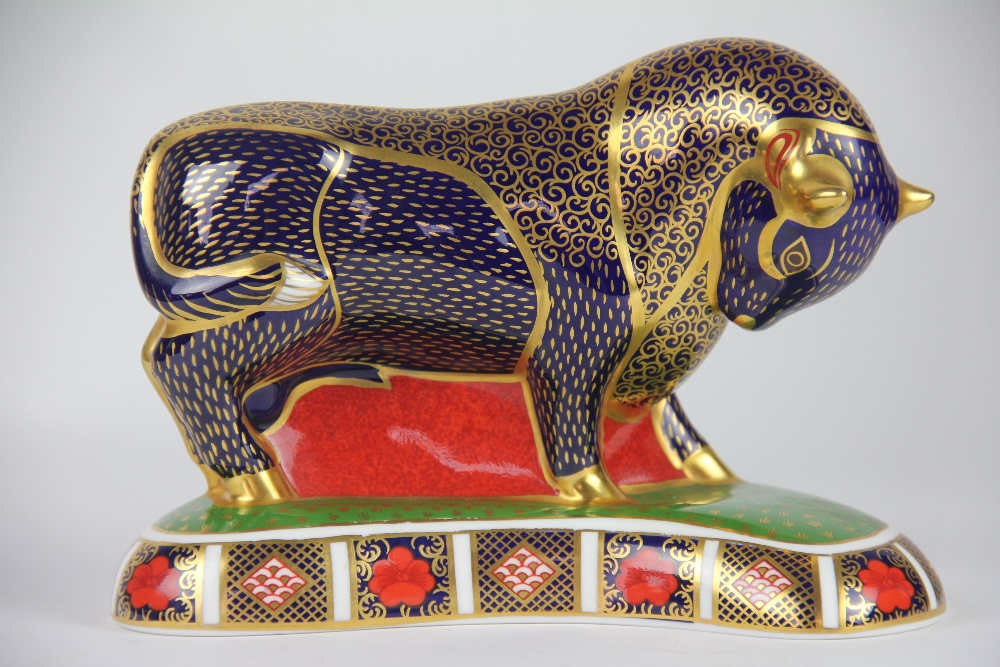 A Royal Crown Derby Bull paperweight LVIII, the cobalt bull raised on kidney shaped base, - Image 2 of 3