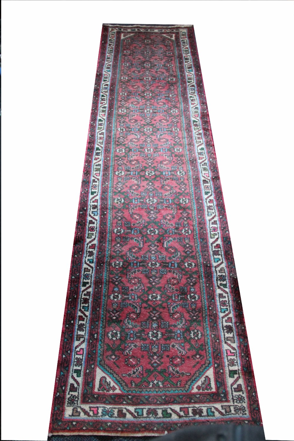 A Caucasian hand woven wool runner, worked with an all over foliate design against a red ground,