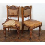 Five Victorian carved golden oak dining chairs,