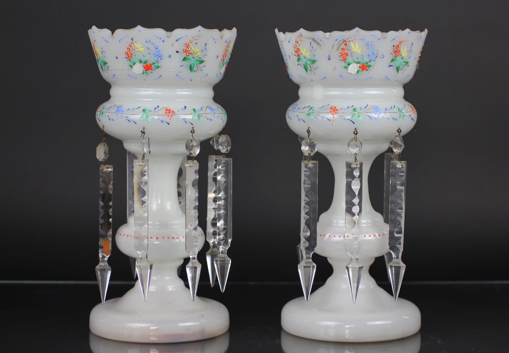 A pair of Victorian opaque glass lustres, with polychrome detailing and cut glass lustre drops,