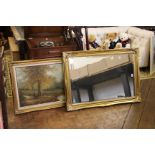 A gilt frame rectangular wall mirror, with bevelled plate, 105cm x 75cm; with an oil on canvas,