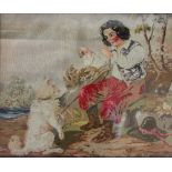 A 19th Century tapestry needlework picture, decorated with a boy and a dog, in stained pine frame,