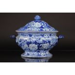 An early 19th Century 'Flora Pattern' pearlware blue and white tureen and cover, flower head knop,