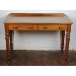 A Victorian mahogany side table, two drawers, with bun handles, on turned legs,