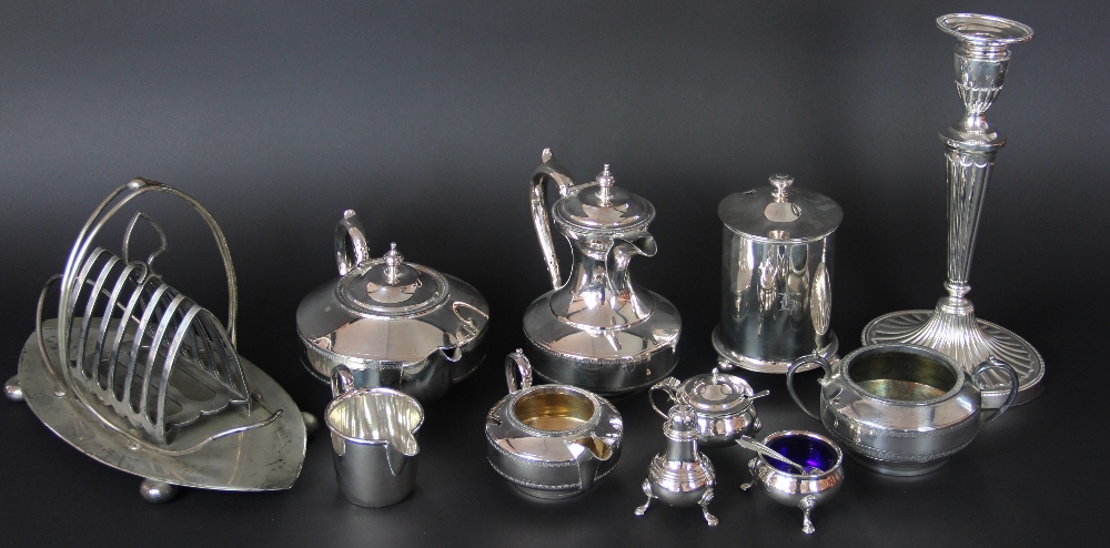 A quantity of silver plated wares, to include; an Adam style candlestick,