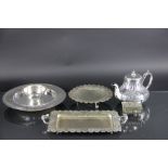 A collection of silver plated items, comprising a twin handled tray, circular dish and box,