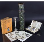 Two silver plate Guernsey oil condiments and covers, boxed, a silver plated trumpet vase 23cm,