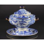 A 19th century Davenport stone china sauce tureen, cover and stand, decorated with a fence pattern,