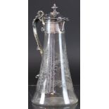 A Victorian silver plated claret jug, the clear glass body engraved with birds and ferns,