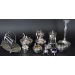A quantity of silver plated wares, to include; an Adam style candlestick,