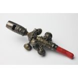 A George III silver baby's rattle, with eight bells and coral teether, worn makers mark in script,