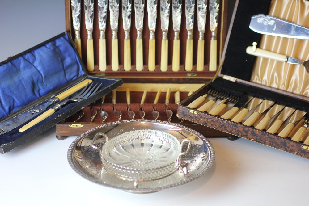 A collection of silver plated wares, to include, cased fish servers, a butter dish, circular salver,