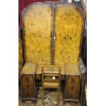 An Art Deco burr walnut wardrobe, 195cm H x 119cm W, a dressing table with mirror top,